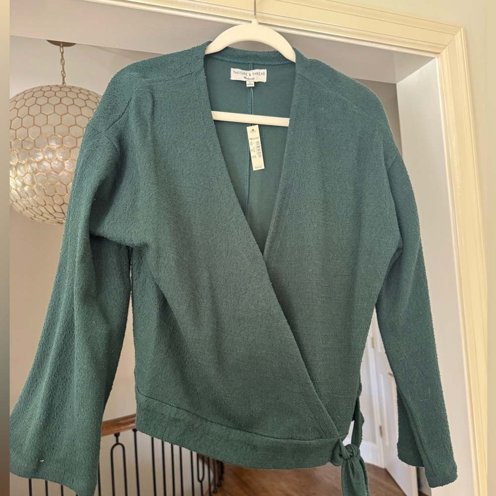 Women's Madewell Teal Green faux wrap Tie Sweater